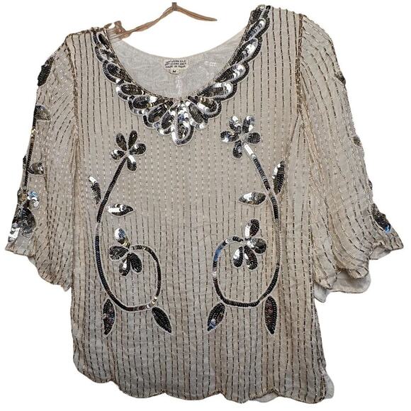 Vintage 60s Ivory Sequin Floral Beaded Silk Top Sz M 3/4 Sleeve Scalloped Beaded - Picture 8 of 16